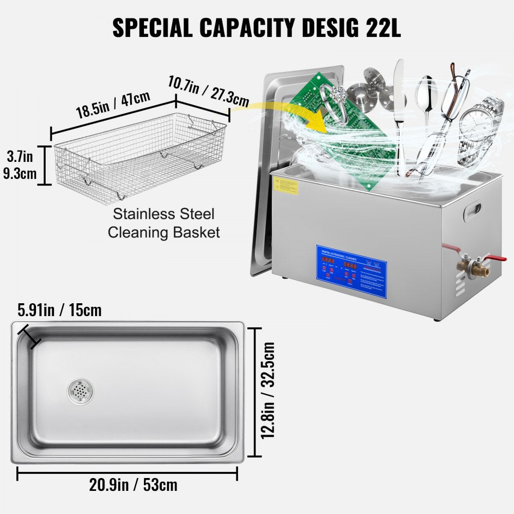 AMITOOLS 22L Industrial Ultrasonic Cleaner with Digital Timer&Heater 40kHz Professional Ultrasonic Cleaner 110V with Excellent Cleaning Effect for Wrench Tools Industrial Parts Mental Apparatus