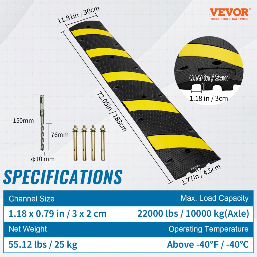 AMITOOLS 72'' Rubber Speed Bump 2 Channel 22000 lbs Load Heavy Duty Speed Hump