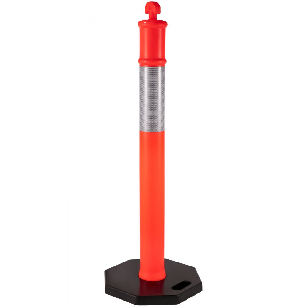 AMITOOLS 10Pack Traffic Delineator Posts 44 Inch Height, PE Channelizer Cones Post Kit 10 inch Reflective Band, Delineators Post with Rubber Base 16 inch for Construction Sites, Facility Management etc.