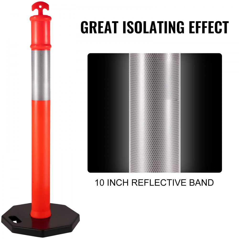 AMITOOLS 10Pack Traffic Delineator Posts 44 Inch Height, PE Channelizer Cones Post Kit 10 inch Reflective Band, Delineators Post with Rubber Base 16 inch for Construction Sites, Facility Management etc.