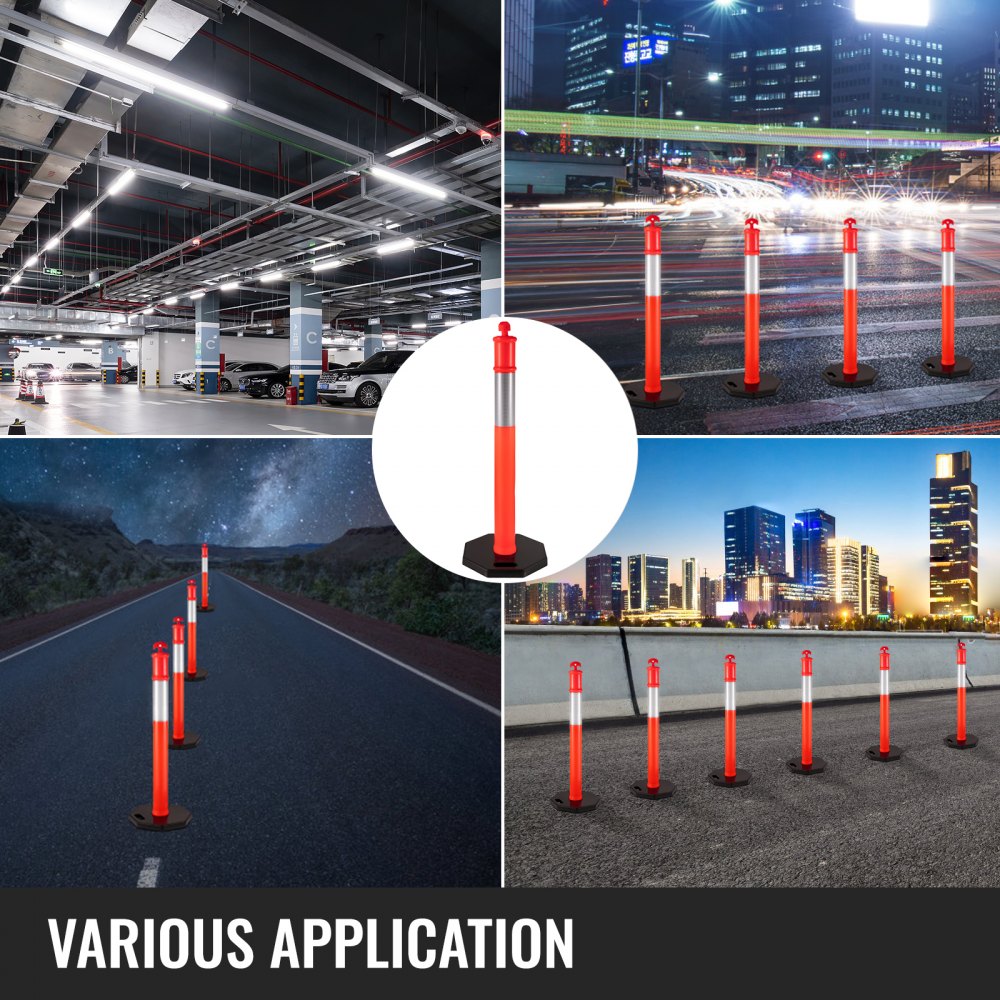 AMITOOLS 10Pack Traffic Delineator Posts 44 Inch Height, PE Channelizer Cones Post Kit 10 inch Reflective Band, Delineators Post with Rubber Base 16 inch for Construction Sites, Facility Management etc.