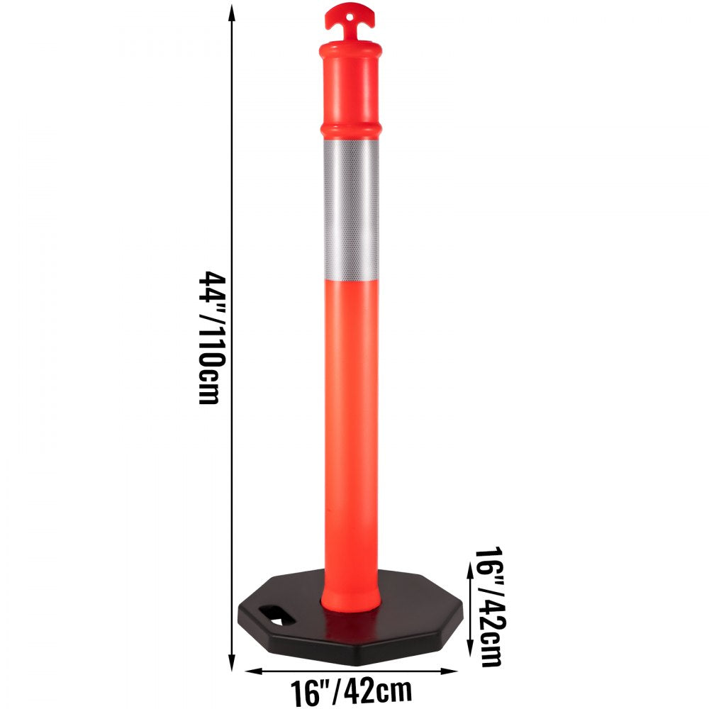 AMITOOLS 10Pack Traffic Delineator Posts 44 Inch Height, PE Channelizer Cones Post Kit 10 inch Reflective Band, Delineators Post with Rubber Base 16 inch for Construction Sites, Facility Management etc.