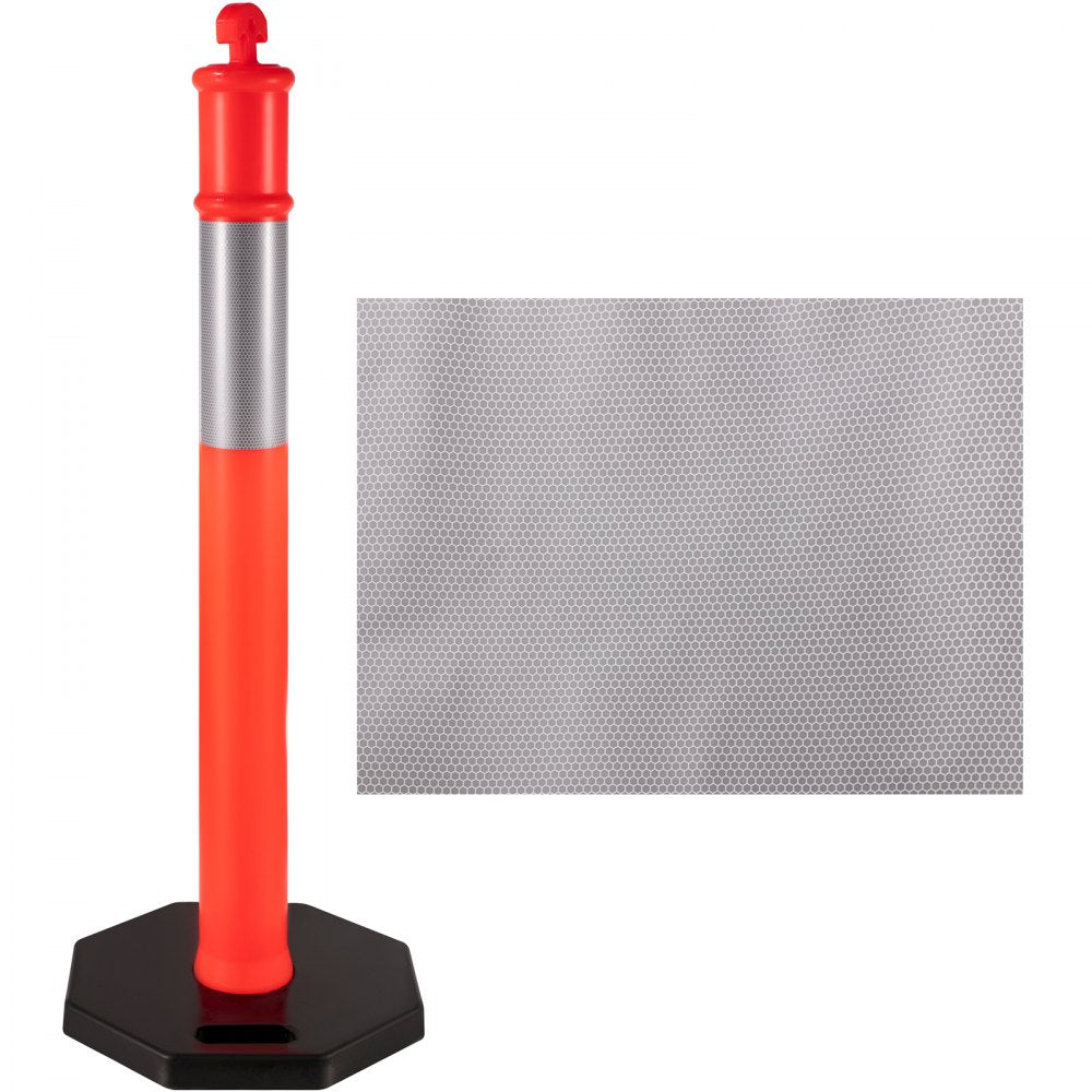 AMITOOLS 10Pack Traffic Delineator Posts 44 Inch Height, PE Channelizer Cones Post Kit 10 inch Reflective Band, Delineators Post with Rubber Base 16 inch for Construction Sites, Facility Management etc.