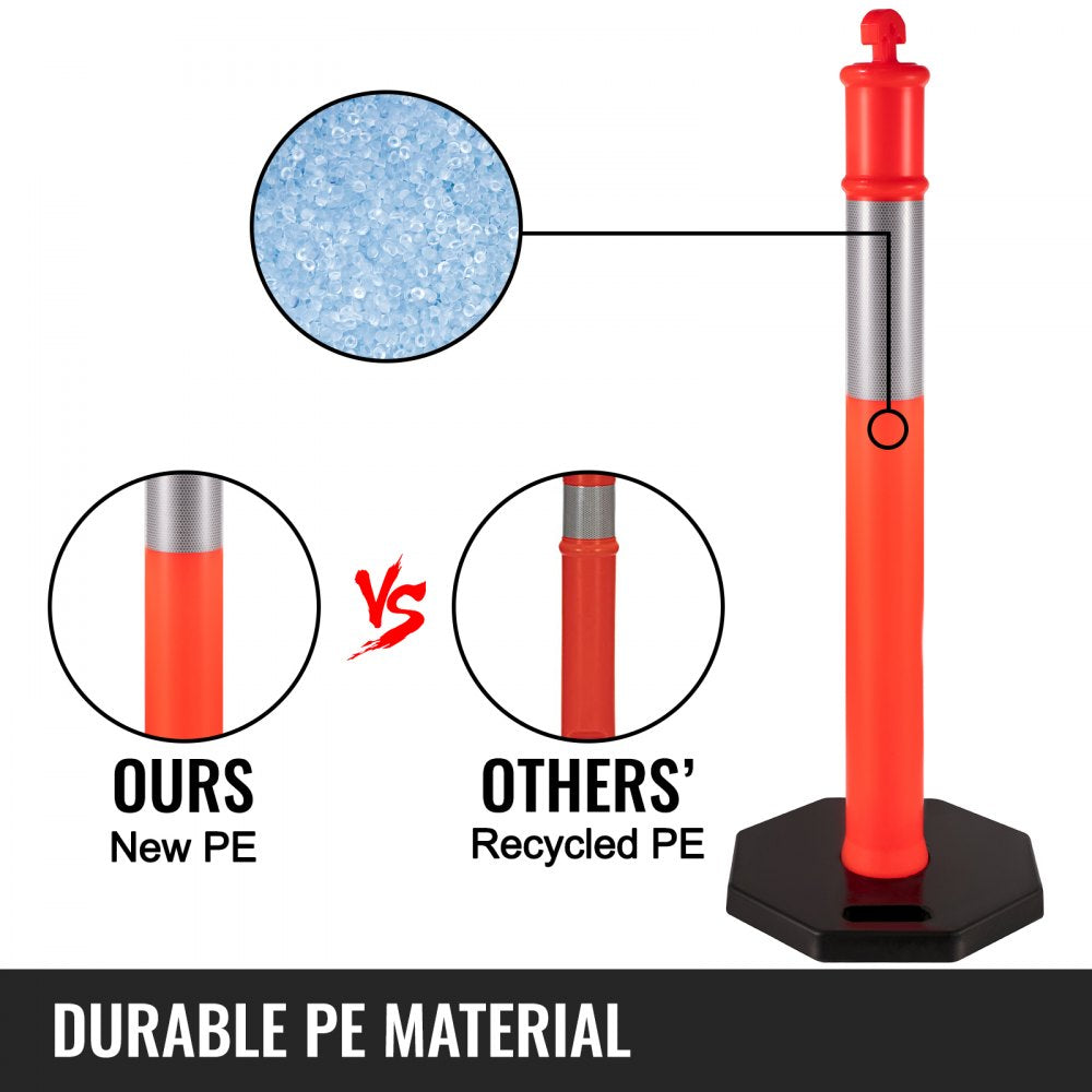 AMITOOLS 4Pack Traffic Delineator Posts 44 Inch Height, PE Delineator Post Kit 10 inch Reflective Band, Orange Delineator Cones with Rubber Base 16 inch for Construction Sites, Facility Management etc.