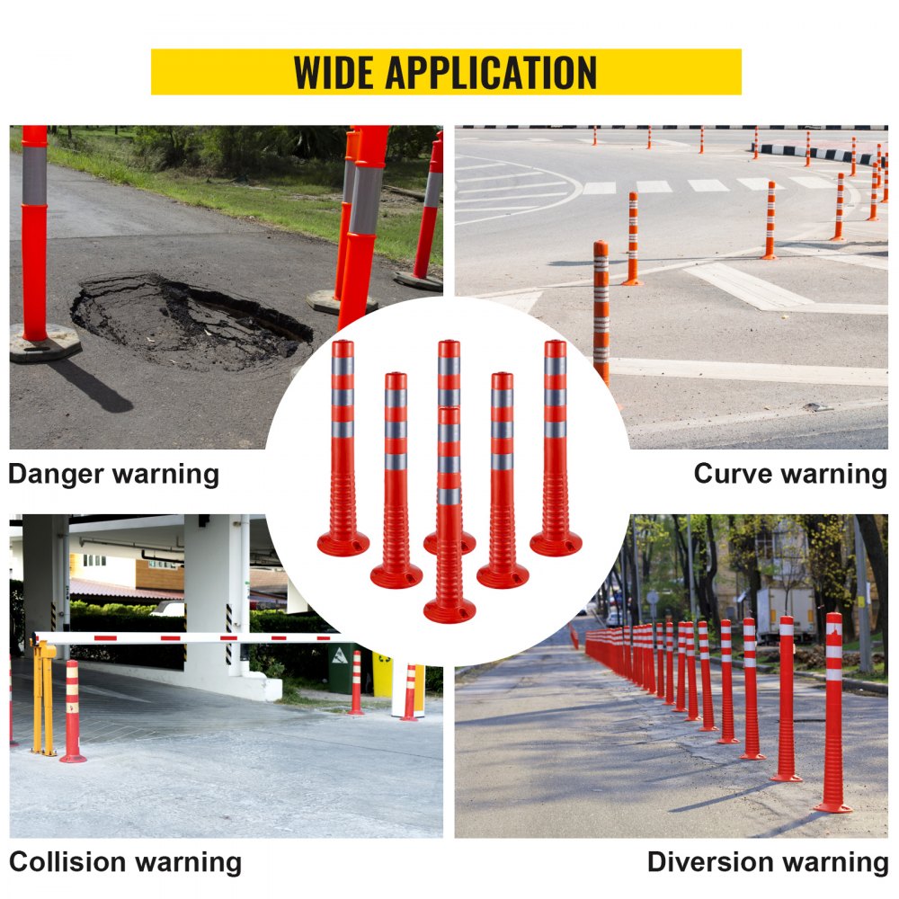 AMITOOLS Traffic Delineator, 6 PCS Posts Channelizer Cone, Delineator Post Kit 30” in Height, PU Traffic Post, Orange Safety Cones, Portable Spring Posts with Base, Barrier Cones with Reflective Bands