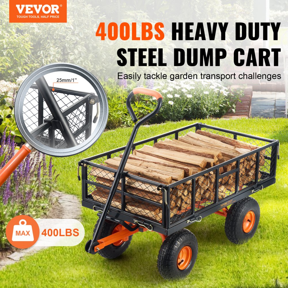 AMITOOLS Dump Cart, Metal Garden Dump Cart with Easy to Assemble Frame, Dump Wagon with 2-in-1 Convertible Handle, Utility Wheelbarrow 400 lbs Capacity, 10 inch Tires