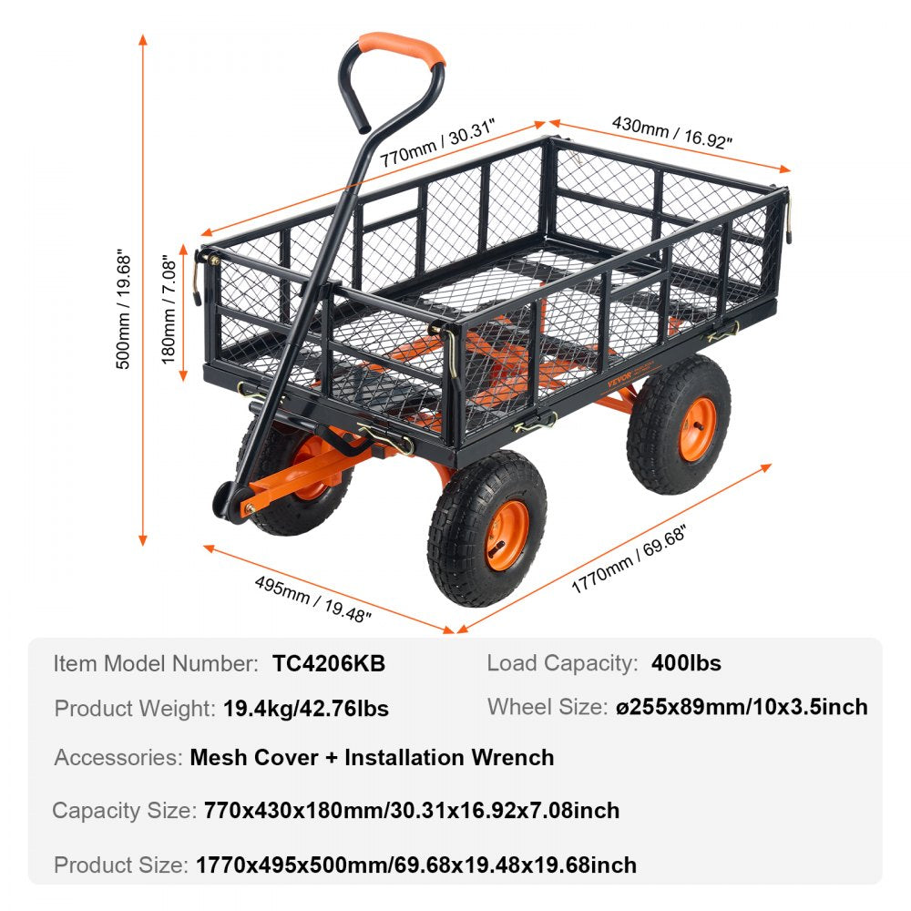 AMITOOLS Dump Cart, Metal Garden Dump Cart with Easy to Assemble Frame, Dump Wagon with 2-in-1 Convertible Handle, Utility Wheelbarrow 400 lbs Capacity, 10 inch Tires