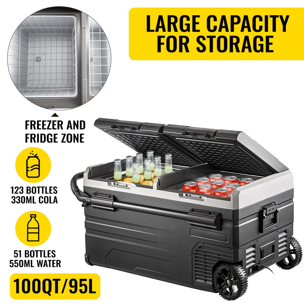 AMITOOLS Portable Car Freezer, 100 Quart Portable Refrigerator Freezer, 95L Dual Storage Zone Camping Freezer, -4℉~68℉ 12 Volt Fridge Freezer, Car Freezer for Car and Home Use, DC 12/24V, AC 100-240V