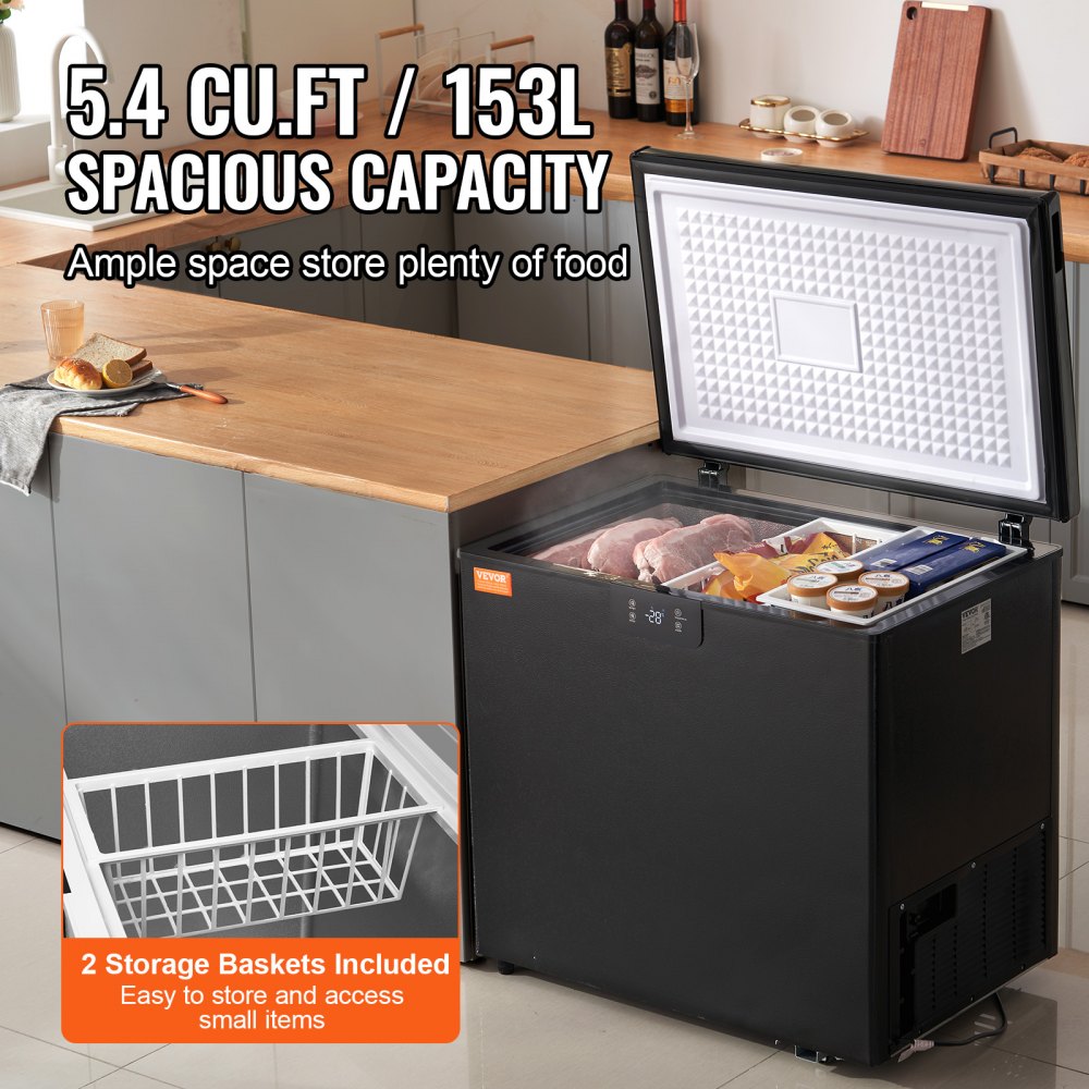 AMITOOLS Chest Freezer, 5.4 Cu.ft / 153 L Compact Deep Freezer, Free Standing Top Open Door Compact Freezers with 2 Removable Baskets & Adjustable Thermostat, Energy Saving & Low Noise, Black