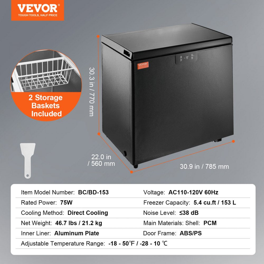 AMITOOLS Chest Freezer, 5.4 Cu.ft / 153 L Compact Deep Freezer, Free Standing Top Open Door Compact Freezers with 2 Removable Baskets & Adjustable Thermostat, Energy Saving & Low Noise, Black