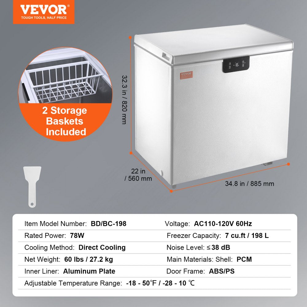 AMITOOLS Chest Freezer, 7 Cu.ft / 198 L Compact Deep Freezer, Free Standing Top Open Door Compact Freezers with 2 Removable Baskets & Adjustable Thermostat, Energy Saving & Low Noise, White