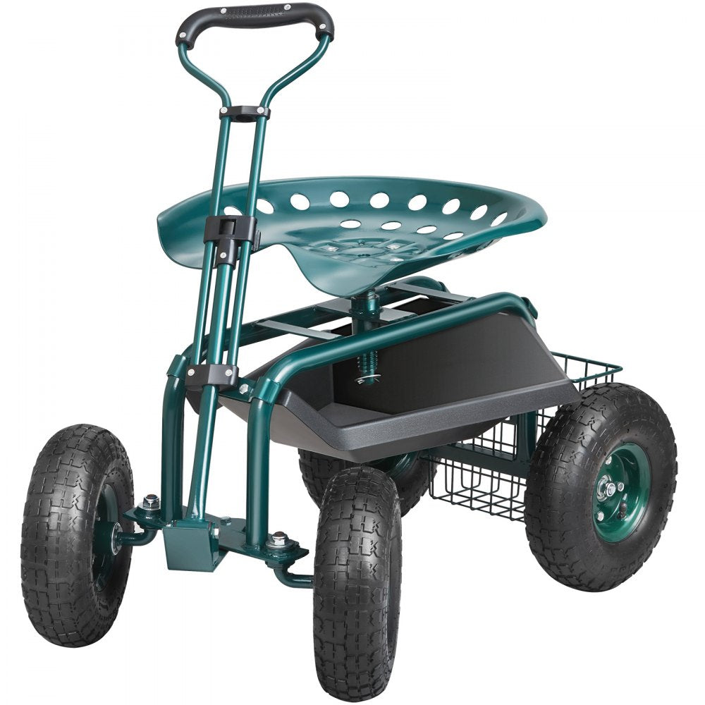 AMITOOLS Garden Cart Rolling Workseat with Wheels, Gardening Stool for Planting, 360 Degree Swivel Seat, Wagon Scooter with Steering Handle & Utility Tool Tray, Use for Patio, Yard, and Outdoors, Green