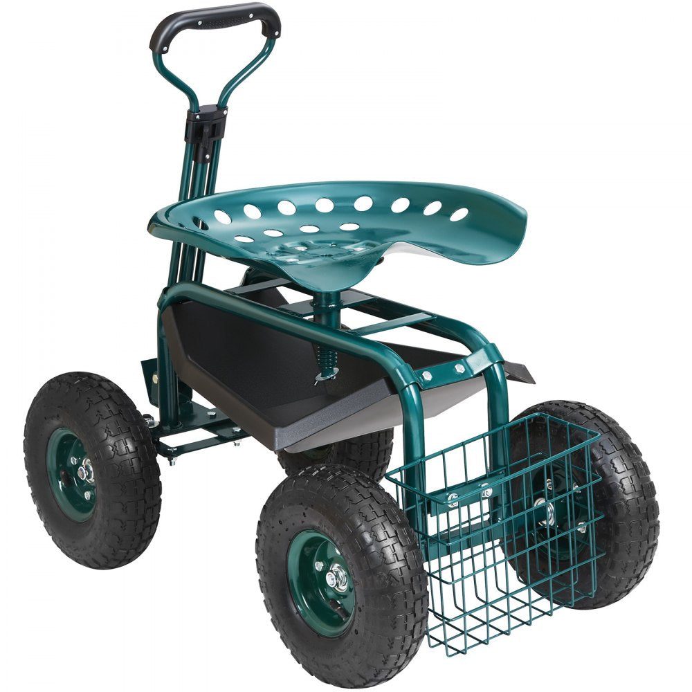 AMITOOLS Garden Cart Rolling Workseat with Wheels, Gardening Stool for Planting, 360 Degree Swivel Seat, Wagon Scooter with Steering Handle & Utility Tool Tray, Use for Patio, Yard, and Outdoors, Green