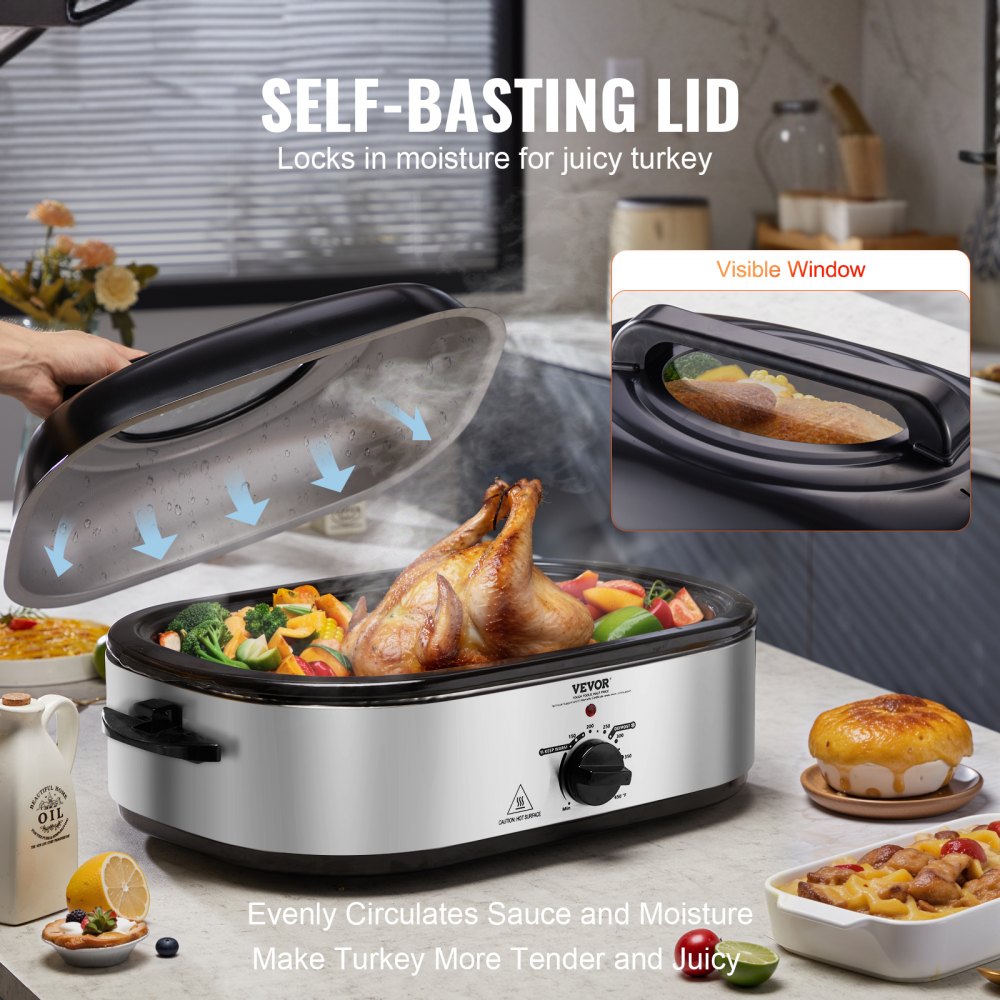 AMITOOLS Electric Roaster Oven, 18 QT Turkey Roaster Oven with Self-Basting Lid, 1450W Roaster Oven with Defrost & Warm Function, Adjustable Temperature, Removable Pan & Rack, Fits Turkeys Up to 22LBS