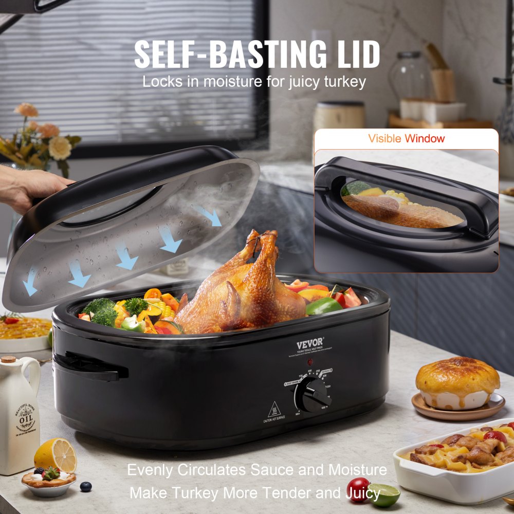 AMITOOLS Electric Roaster Oven, 20 QT Turkey Roaster Oven with Self-Basting Lid, 1450W Roaster Oven with Defrost & Warm Function, Adjustable Temperature, Removable Pan & Rack, Fits Turkeys Up to 24LBS