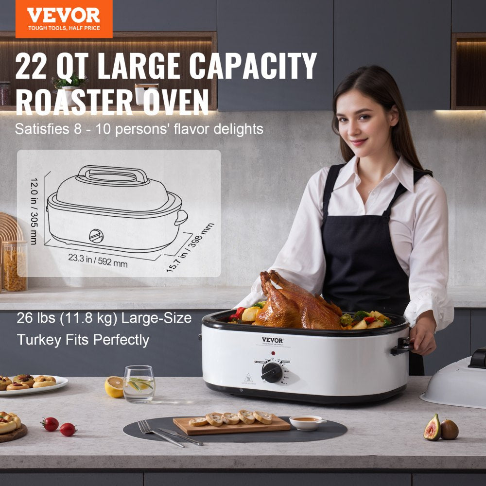 AMITOOLS Electric Roaster Oven, 22 QT Turkey Roaster Oven with Self-Basting Lid, 1450W Roaster Oven with Defrost & Warm Function, Adjustable Temp, Removable Pan & Rack, Fits Turkeys Up to 26LBS, White