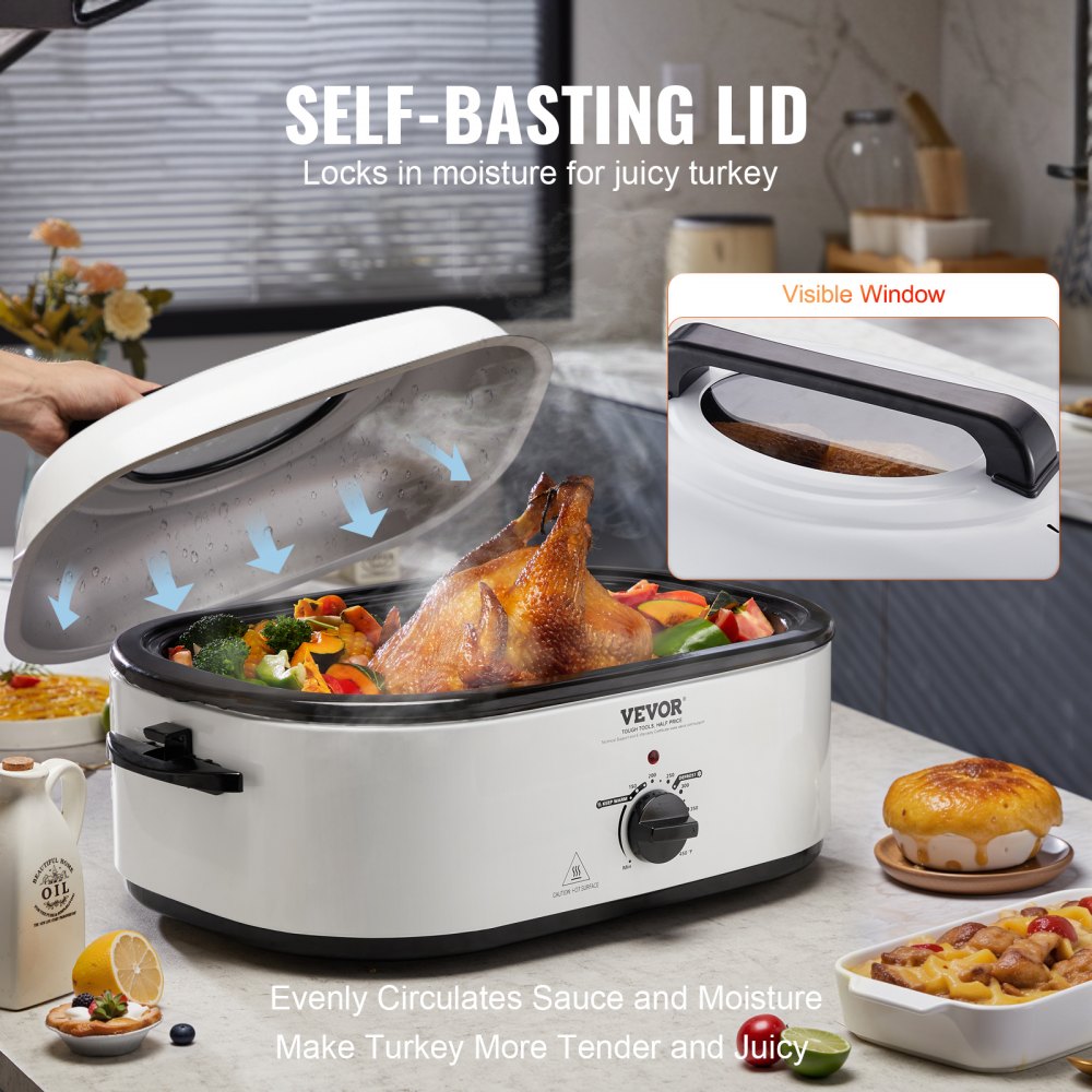 AMITOOLS Electric Roaster Oven, 22 QT Turkey Roaster Oven with Self-Basting Lid, 1450W Roaster Oven with Defrost & Warm Function, Adjustable Temp, Removable Pan & Rack, Fits Turkeys Up to 26LBS, White