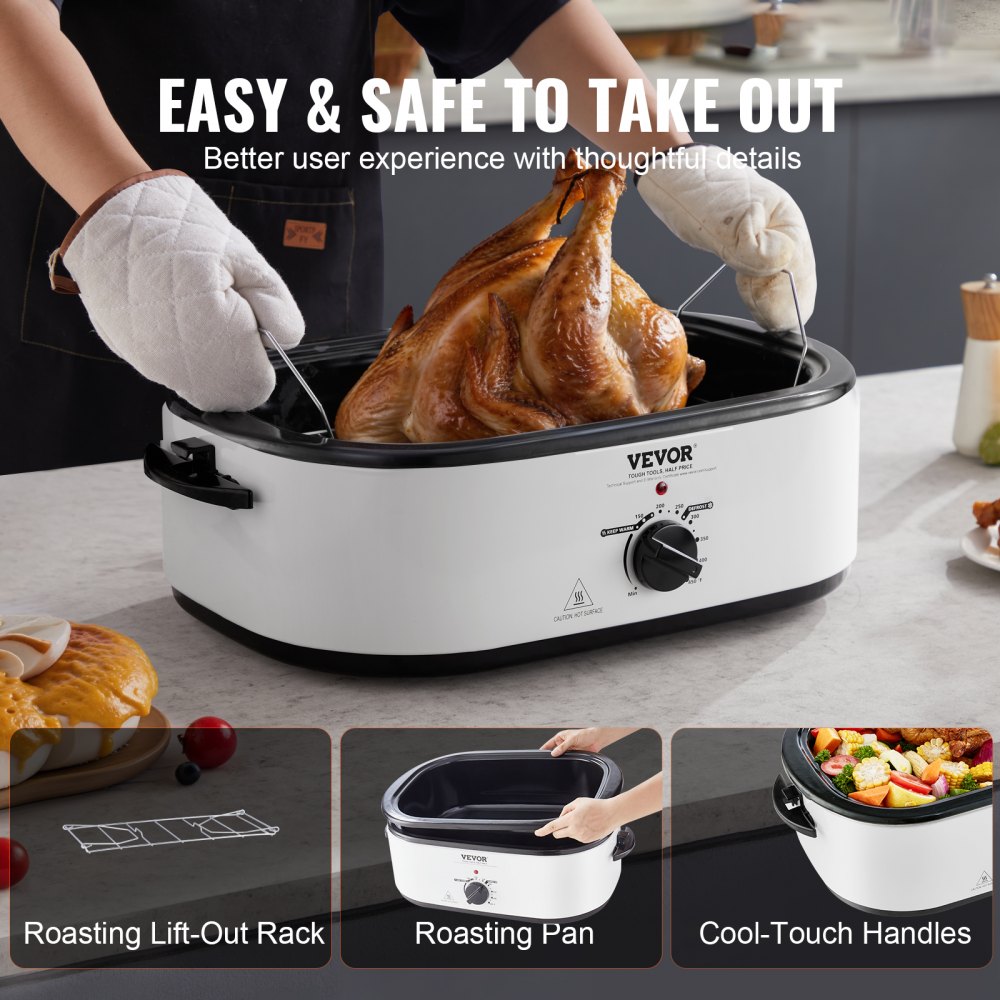 AMITOOLS Electric Roaster Oven, 22 QT Turkey Roaster Oven with Self-Basting Lid, 1450W Roaster Oven with Defrost & Warm Function, Adjustable Temp, Removable Pan & Rack, Fits Turkeys Up to 26LBS, White