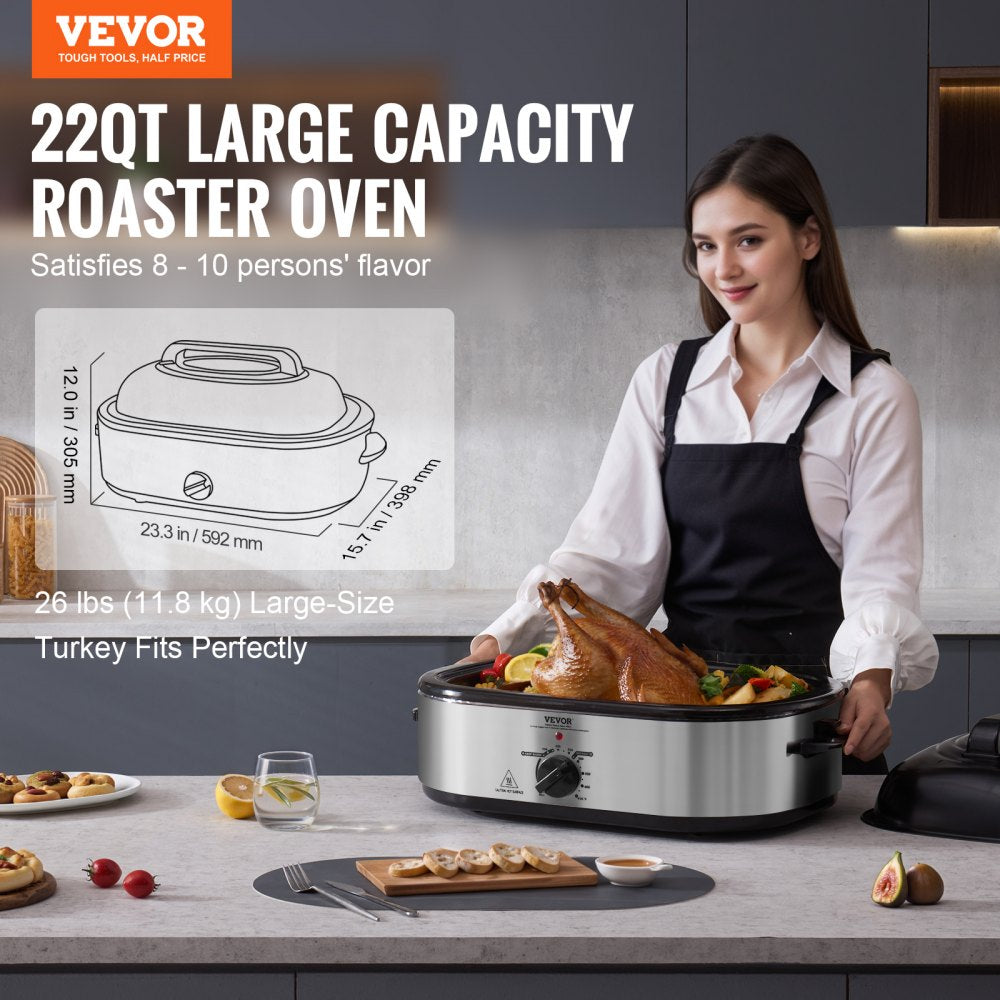 AMITOOLS Electric Roaster Oven, 22 QT Turkey Roaster Oven with Self-Basting Lid, 1450W Roaster Oven with Defrost & Warm Function, Adjustable Temp, Removable Pan & Rack, Fits Turkeys Up to 26LBS, Silver