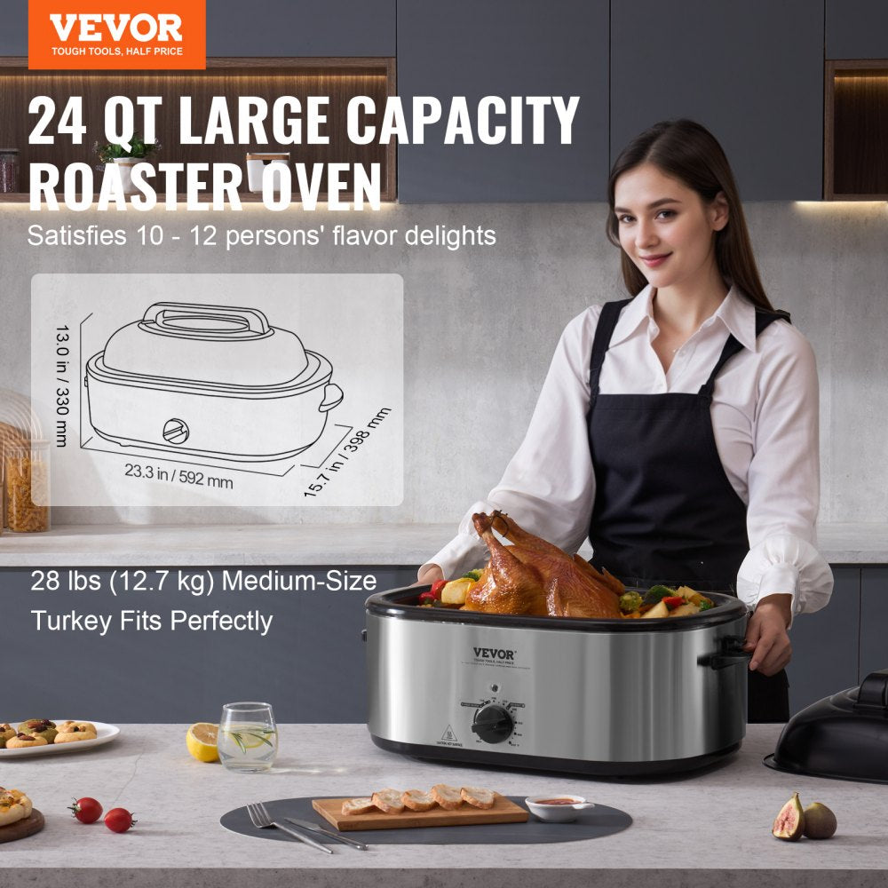 AMITOOLS Electric Roaster Oven, 24 QT Turkey Roaster Oven with Self-Basting Lid, 1450W Roaster Oven with Defrost & Warm Function, Adjustable Temp, Removable Pan & Rack, Fits Turkeys Up to 28LBS, Silver