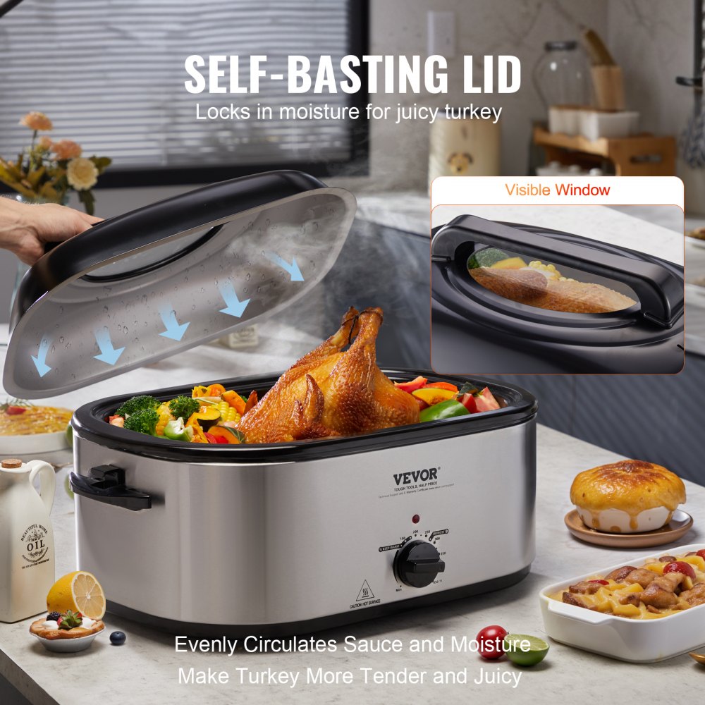 AMITOOLS Electric Roaster Oven, 24 QT Turkey Roaster Oven with Self-Basting Lid, 1450W Roaster Oven with Defrost & Warm Function, Adjustable Temp, Removable Pan & Rack, Fits Turkeys Up to 28LBS, Silver