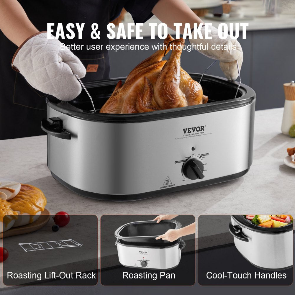 AMITOOLS Electric Roaster Oven, 24 QT Turkey Roaster Oven with Self-Basting Lid, 1450W Roaster Oven with Defrost & Warm Function, Adjustable Temp, Removable Pan & Rack, Fits Turkeys Up to 28LBS, Silver