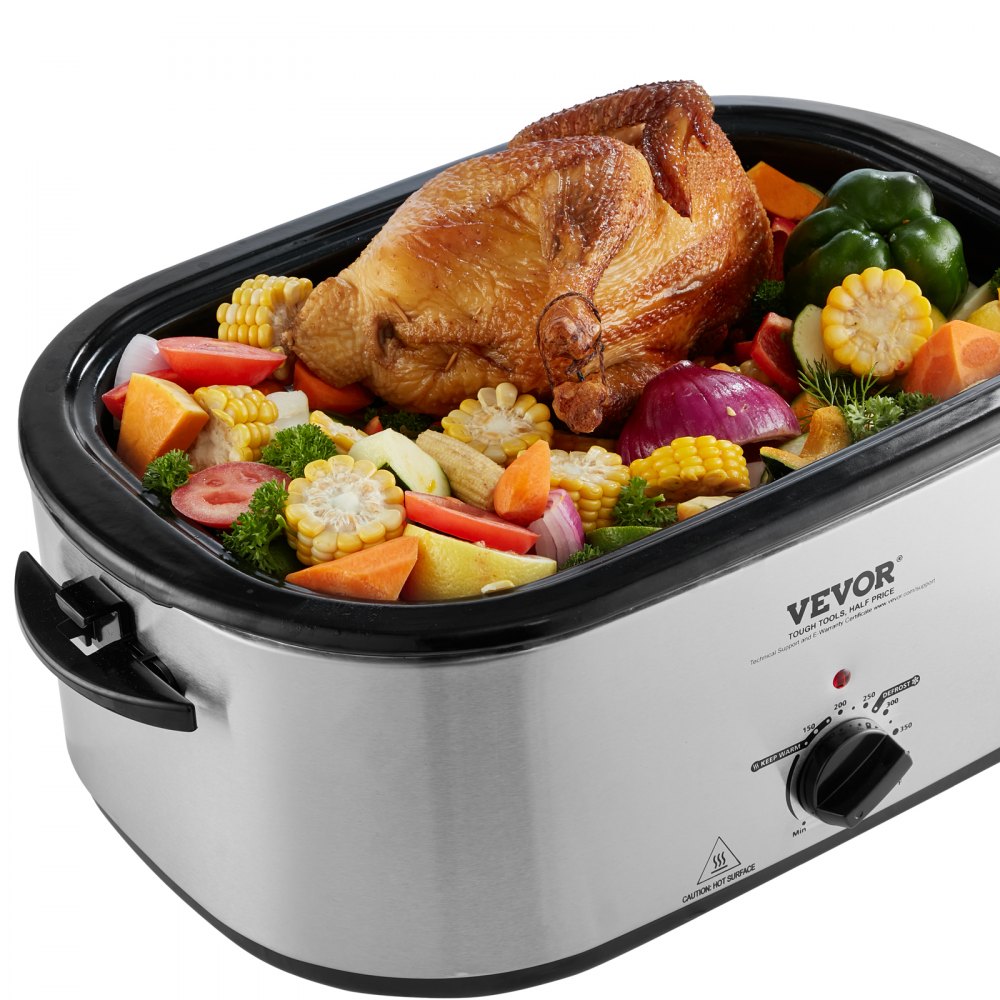 AMITOOLS Electric Roaster Oven, 24 QT Turkey Roaster Oven with Self-Basting Lid, 1450W Roaster Oven with Defrost & Warm Function, Adjustable Temp, Removable Pan & Rack, Fits Turkeys Up to 28LBS, Silver