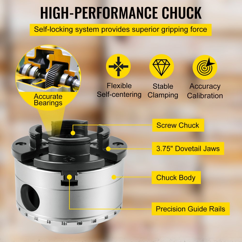 AMITOOLS Lathe Chuck, 3.75 inch Woodturning Chuck 4 Jaws Wood Lathe Bowl Chuck Accessory Bevel Gear and A Case for Woodworking