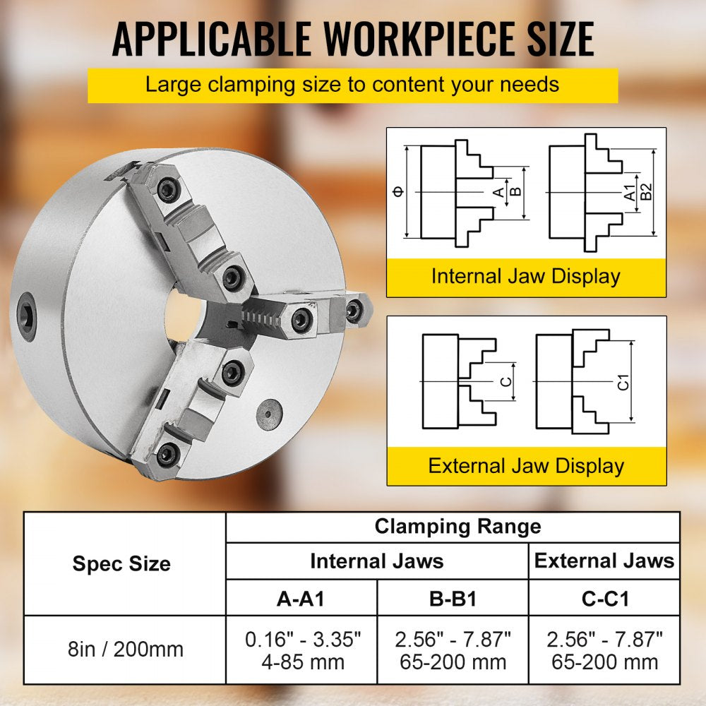 AMITOOLS K11-200 Lathe Chuck 8 Inch 3 Jaw,Self Centering Chuck Hardened Steel Jaws,Internal External Grinding for Lathe Drilling Milling Machine