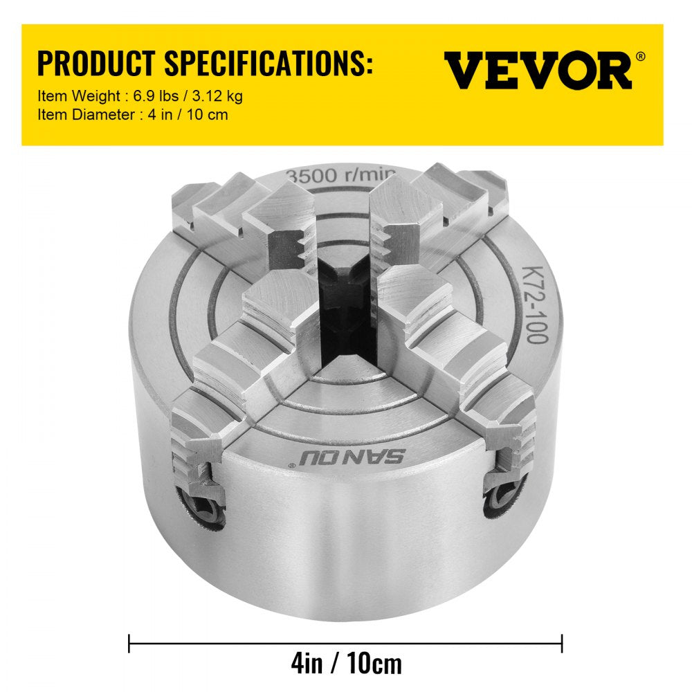 AMITOOLS K72-100 Lathe Chuck 4 Inch 4-Jaw,Lathe Chuck Independent Reversible Jaw,Metal Lathe Chuck Turning Machine Accessories,for Lathes Machine
