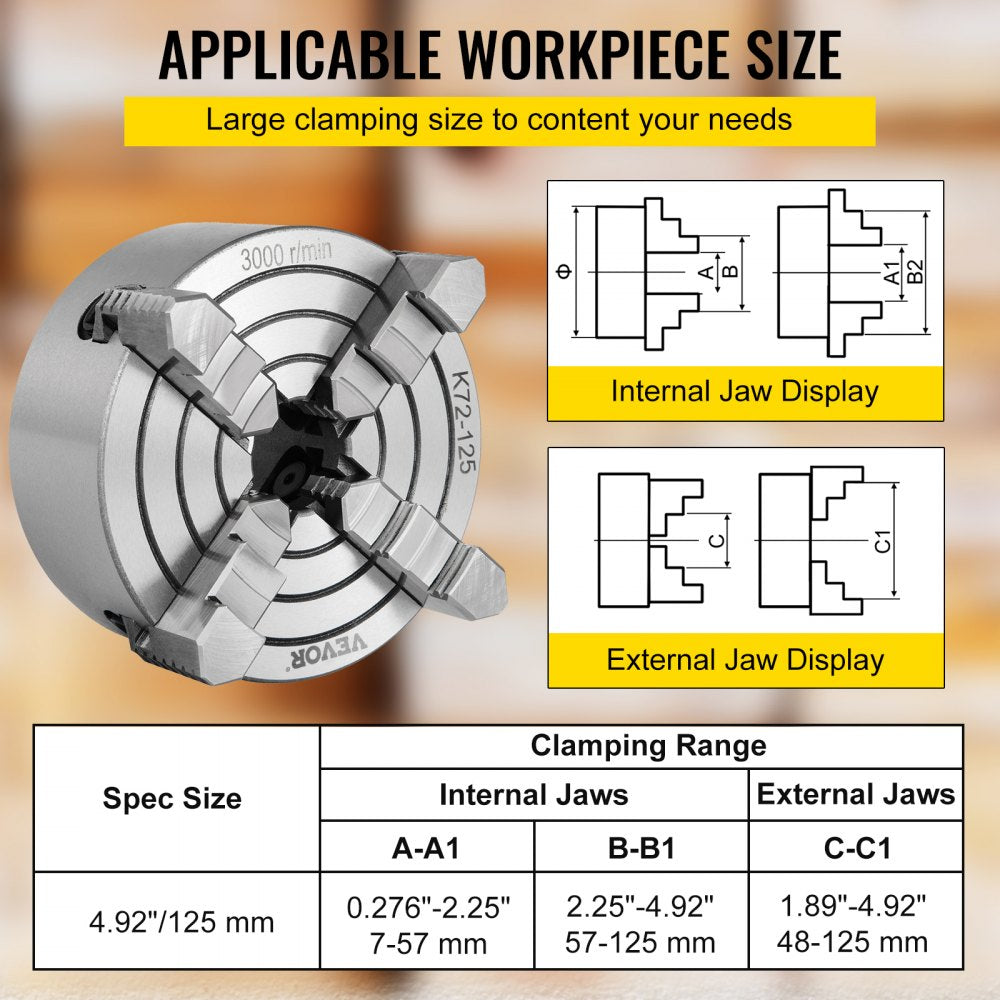 AMITOOLS K72-125 Lathe Chuck 5 Inch 4-Jaw,Lathe Chuck Independent Reversible Jaw,Metal Lathe Chuck Turning Machine Accessories,for Lathes Machine