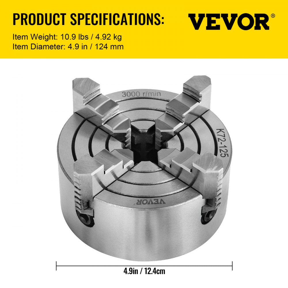 AMITOOLS K72-125 Lathe Chuck 5 Inch 4-Jaw,Lathe Chuck Independent Reversible Jaw,Metal Lathe Chuck Turning Machine Accessories,for Lathes Machine