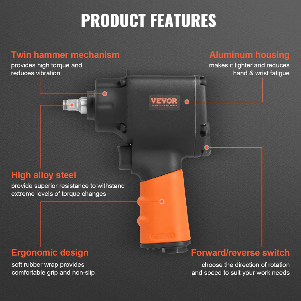 AMITOOLS Air Impact Wrench, 3/8-Inch Drive Air Impact Gun, Up to 690ft-lbs Nut-busting Torque, Lightweight Pneumatic Impact Wrench for Auto Repairs and Maintenance