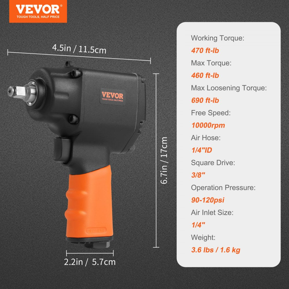 AMITOOLS Air Impact Wrench, 3/8-Inch Drive Air Impact Gun, Up to 690ft-lbs Nut-busting Torque, Lightweight Pneumatic Impact Wrench for Auto Repairs and Maintenance