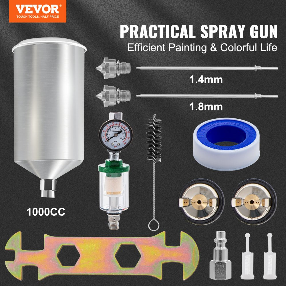 AMITOOLS LVLP Air Spray Gun, High Performance Gravity Feed Paint Sprayer 1.3mm 1.4mm 1.8mm Stainless Steel Nozzles 1000cc Cup with MPS Adapter and Air Regulator for Walls, Automotive, Home Improvement