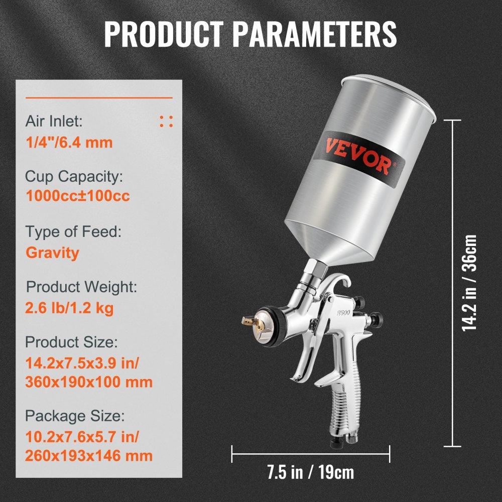 AMITOOLS LVLP Air Spray Gun, High Performance Gravity Feed Paint Sprayer 1.3mm 1.4mm 1.8mm Stainless Steel Nozzles 1000cc Cup with MPS Adapter and Air Regulator for Walls, Automotive, Home Improvement