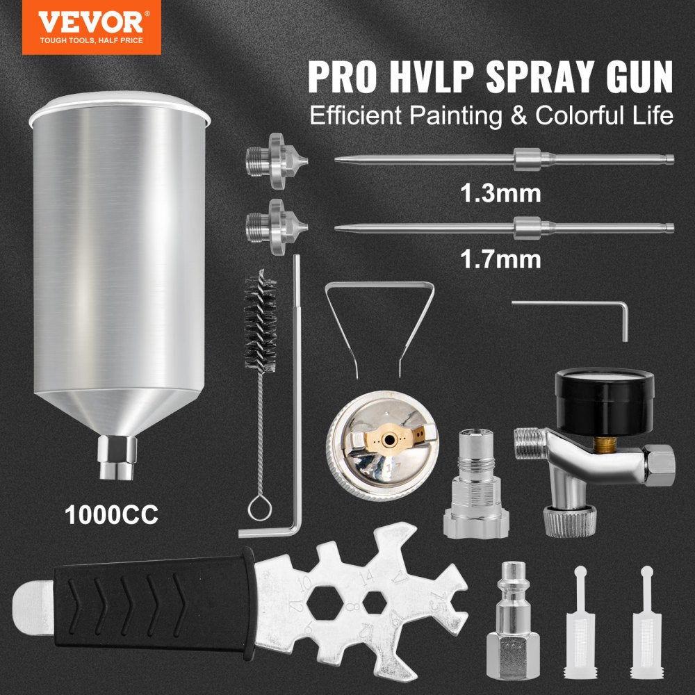 AMITOOLS HVLP Auto Paint Air Spray Gun Kit Gravity Feed Car Primer 1.3/1.7mm Nozzle