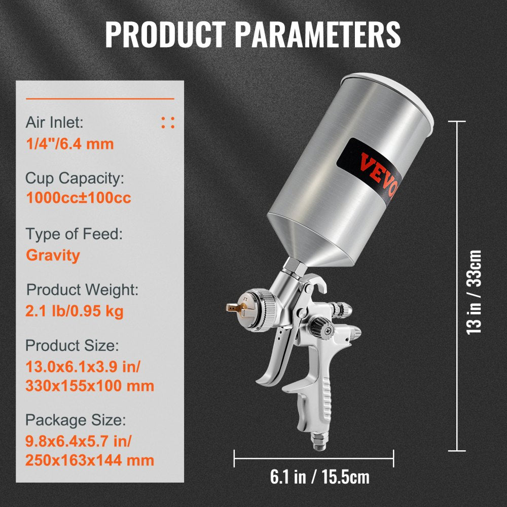 AMITOOLS HVLP Auto Paint Air Spray Gun Kit Gravity Feed Car Primer 1.3/1.7mm Nozzle