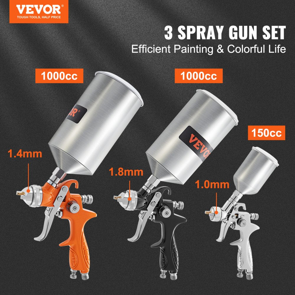 AMITOOLS 11 Piece Spray Gun Set, Professional Gravity Feed Paint Sprayer 2 Full Size, 1 Detail with 1.0mm 1.4mm 1.8mm Nozzles, 1000cc Copper Cup, Air Regulator & Gauge for Furniture, Fence, Car, Garden