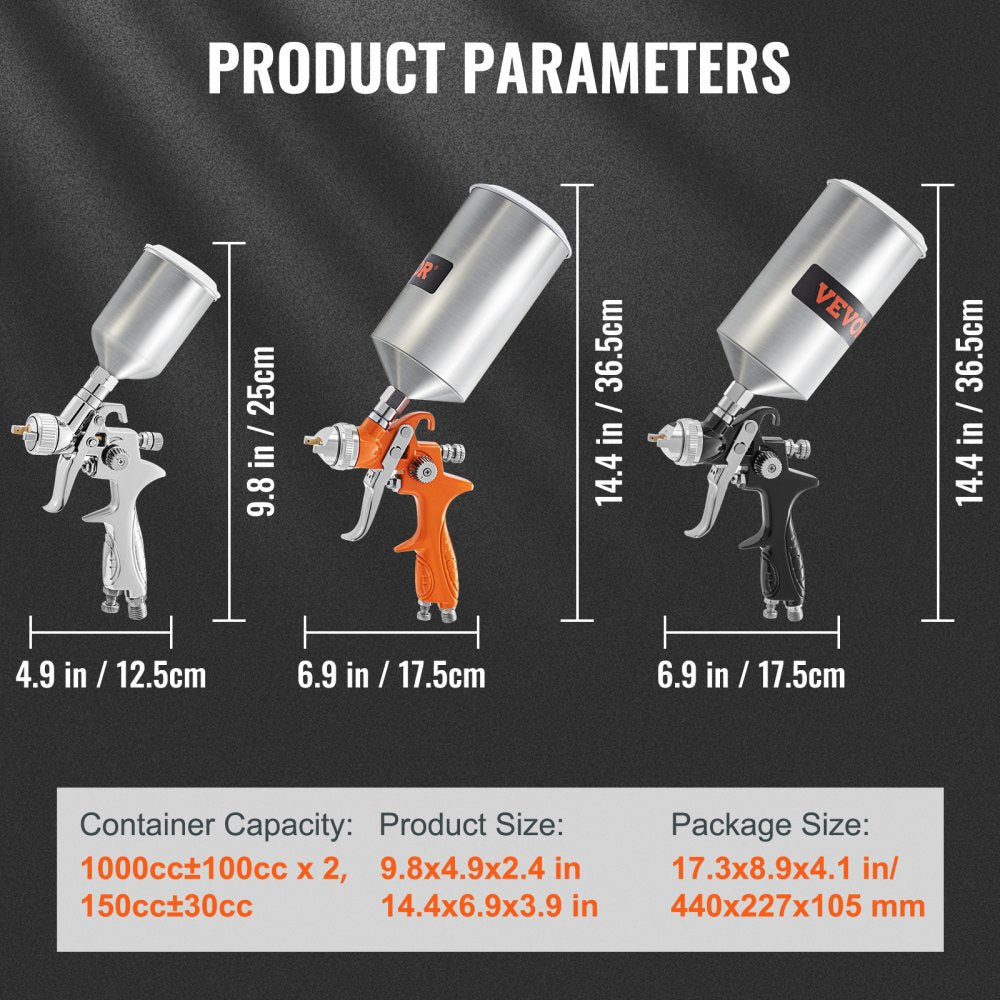 AMITOOLS 11 Piece Spray Gun Set, Professional Gravity Feed Paint Sprayer 2 Full Size, 1 Detail with 1.0mm 1.4mm 1.8mm Nozzles, 1000cc Copper Cup, Air Regulator & Gauge for Furniture, Fence, Car, Garden