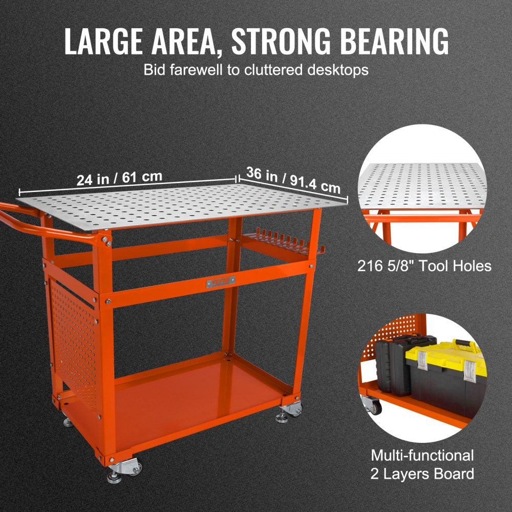 AMITOOLS Welding Table 36 x 24-inch, 600LBS Load Capacity Steel Welding Workbench Table on Wheels, Portable Work Bench with Double-Layer Storage Board, 5/8-inch Fixture Holes, 11 Hooks