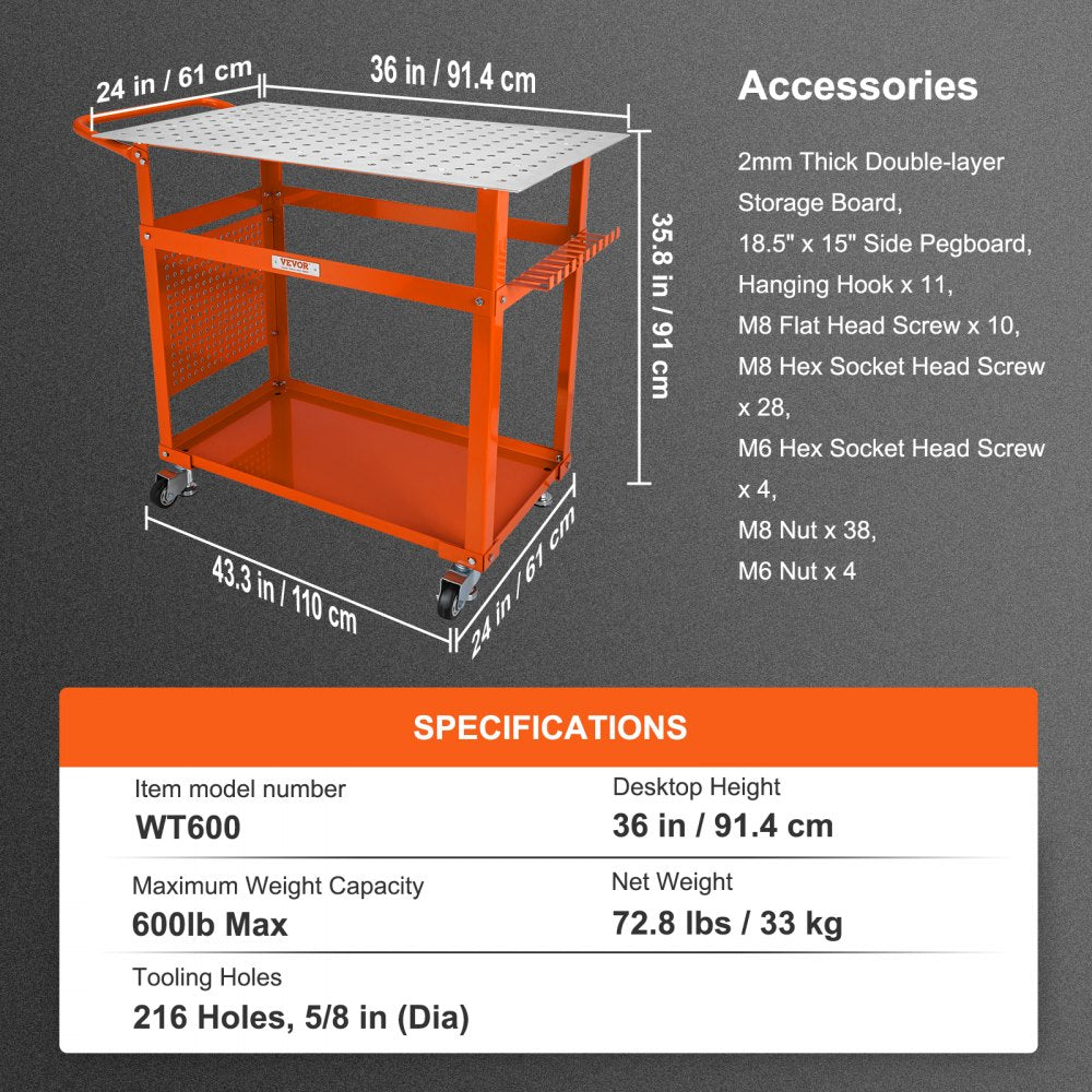 AMITOOLS Welding Table 36 x 24-inch, 600LBS Load Capacity Steel Welding Workbench Table on Wheels, Portable Work Bench with Double-Layer Storage Board, 5/8-inch Fixture Holes, 11 Hooks