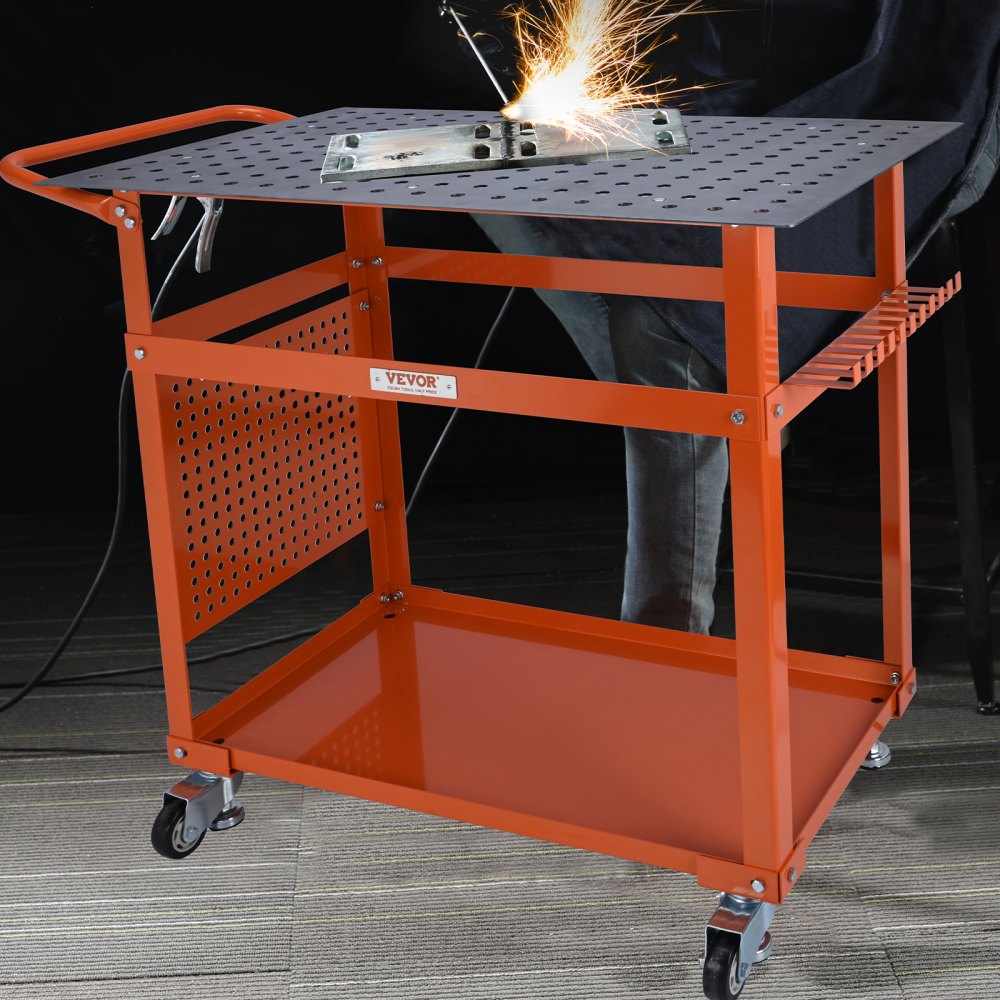 AMITOOLS Welding Table 36 x 24-inch, 600LBS Load Capacity Steel Welding Workbench Table on Wheels, Portable Work Bench with Double-Layer Storage Board, 5/8-inch Fixture Holes, 11 Hooks