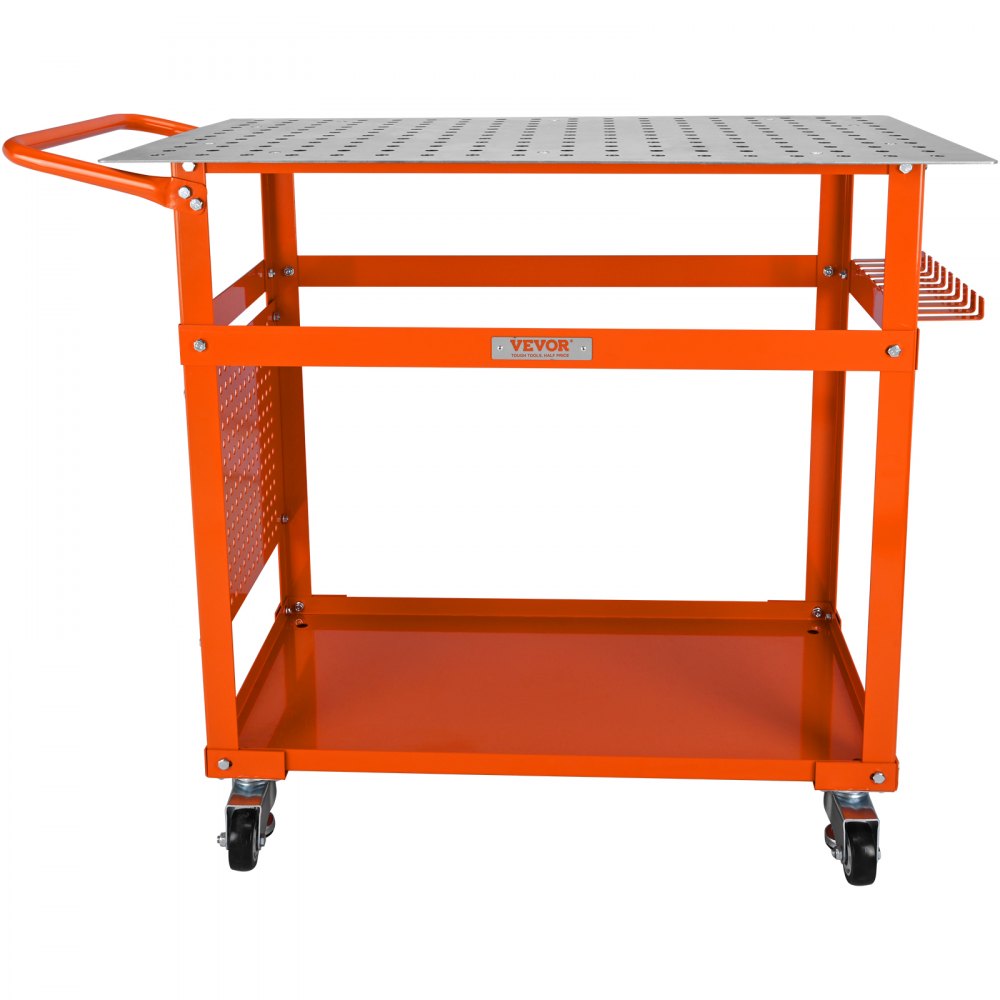 AMITOOLS Welding Table 36 x 24-inch, 600LBS Load Capacity Steel Welding Workbench Table on Wheels, Portable Work Bench with Double-Layer Storage Board, 5/8-inch Fixture Holes, 11 Hooks