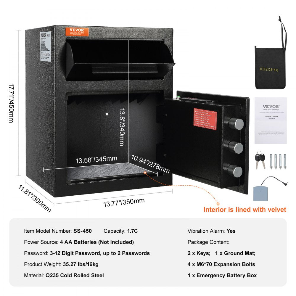 AMITOOLS 1.7 Cub Depository Safe, Deposit Safe with Drop Slot, Electronic Code Lock and 2 Emergency Keys, 17.71'' x 13.77'' x 13.77'' Business Drop Slot Safe for Cash, Mail in Home, Hotel, Office