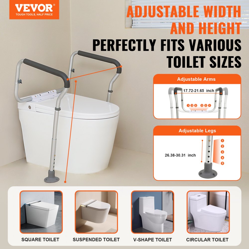 AMITOOLS Toilet Safety Rail, Bathroom Toilet Seat Frame, Adjustable Width & Height Fit Most Toilets, Supports 300lbs, Toilet Handles Grab Bars with Padded Armrests for Handicap, Disabled, Seniors