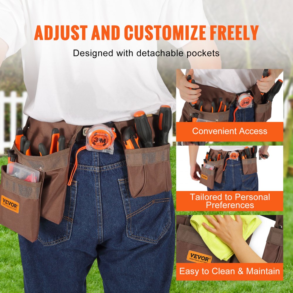 AMITOOLS Tool Belt, Adjusts from 29 Inches to 54 Inches, Polyester Heavy Duty Tool Pouch Bag, Detachable Tool Bag for Electrician, Carpenter, Handyman, Woodworker, Construction, Framer, Brown