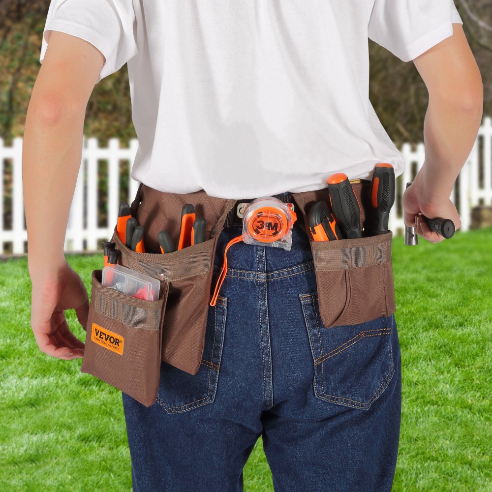 AMITOOLS Tool Belt, Adjusts from 29 Inches to 54 Inches, Polyester Heavy Duty Tool Pouch Bag, Detachable Tool Bag for Electrician, Carpenter, Handyman, Woodworker, Construction, Framer, Brown