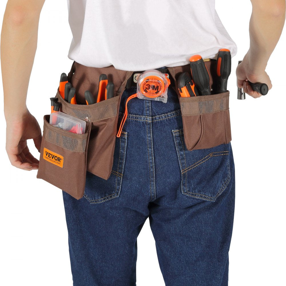 AMITOOLS Tool Belt, Adjusts from 29 Inches to 54 Inches, Polyester Heavy Duty Tool Pouch Bag, Detachable Tool Bag for Electrician, Carpenter, Handyman, Woodworker, Construction, Framer, Brown