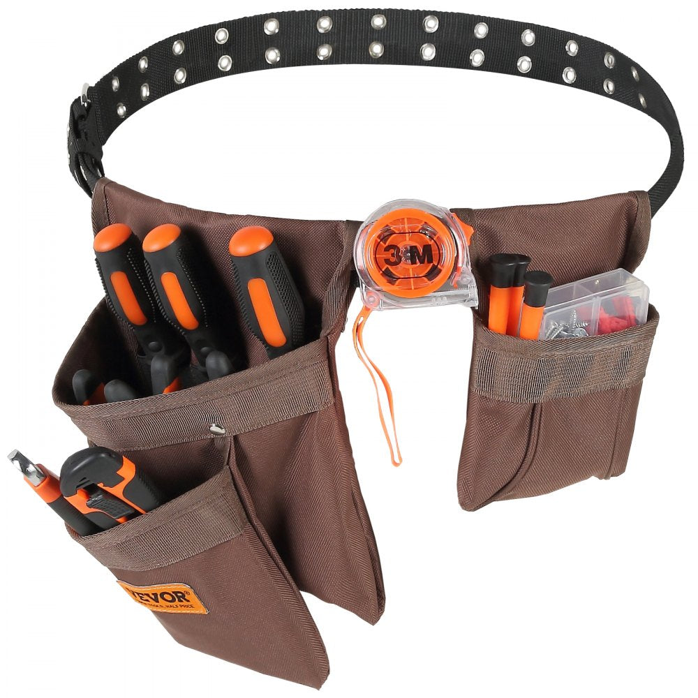 AMITOOLS Tool Belt, Adjusts from 29 Inches to 54 Inches, Polyester Heavy Duty Tool Pouch Bag, Detachable Tool Bag for Electrician, Carpenter, Handyman, Woodworker, Construction, Framer, Brown